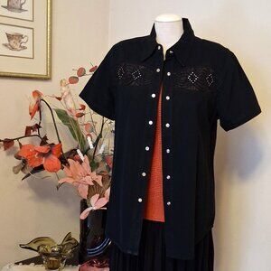 NEW Women’s Short Sleeve Chic Black Denim Shirt Classic Button-Down Jean Jacket